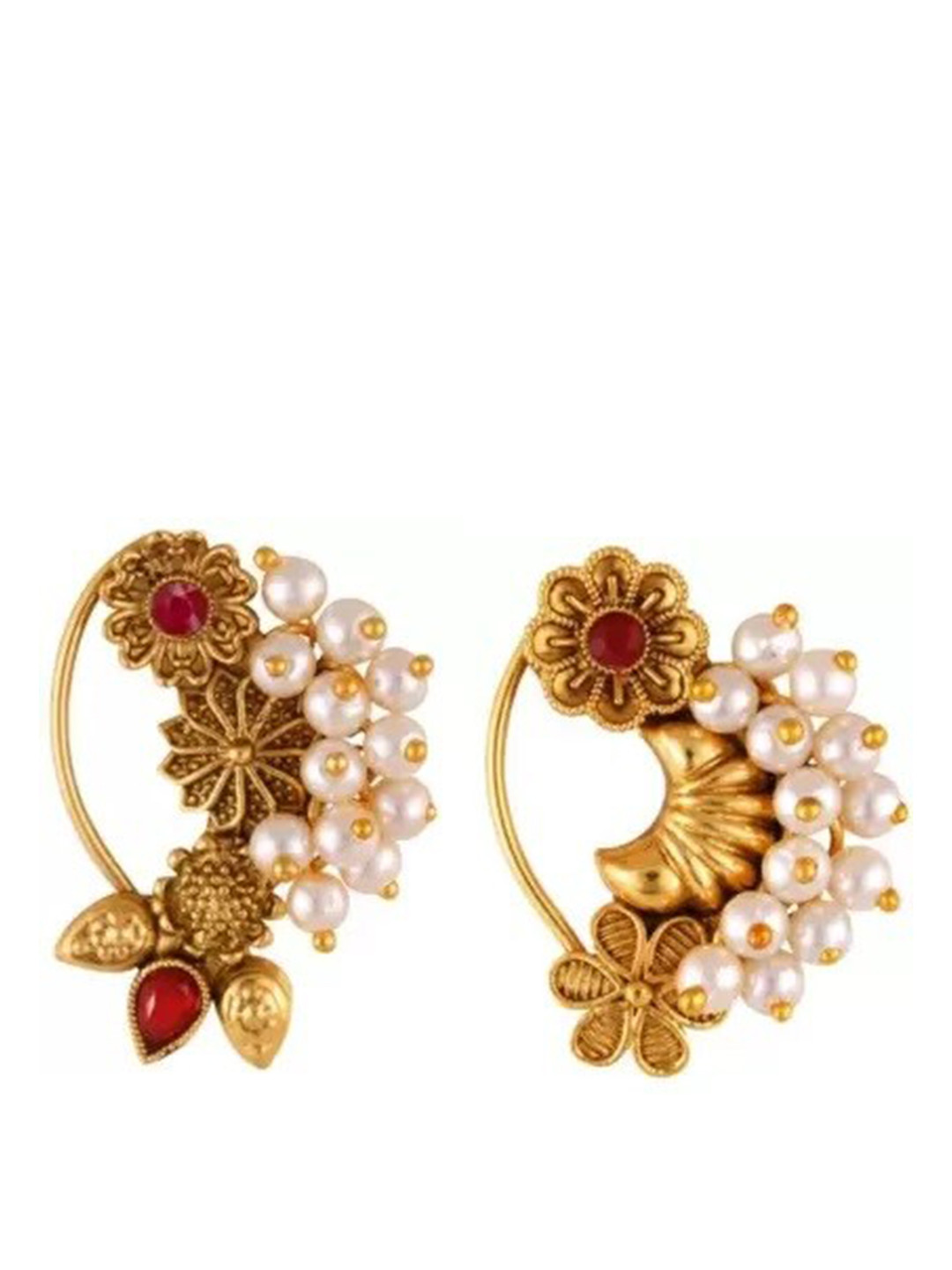 Vighnaharta Set Of 2 Gold-Plated CZ-Studded & Pearl Beaded Nosepin