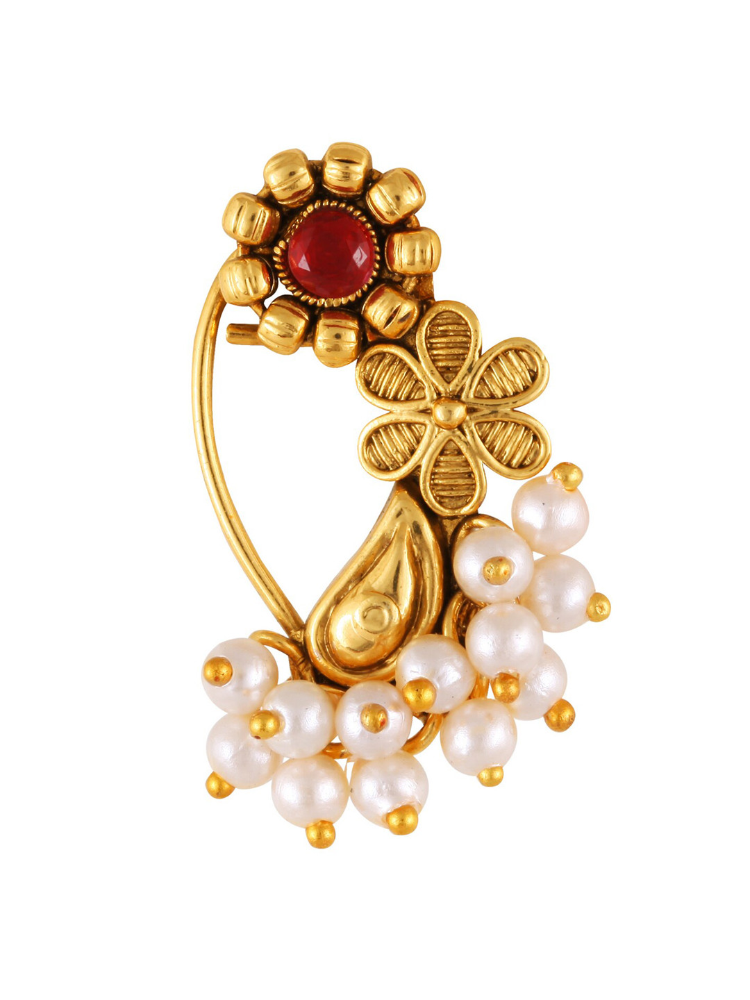 Vighnaharta Gold-Plated Stone-Studded Non Piercing Nose Pin