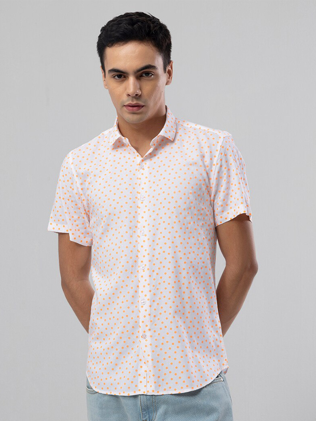 Snitch Pink Slim Fit Polka Dots Printed Linen Casual Shirt