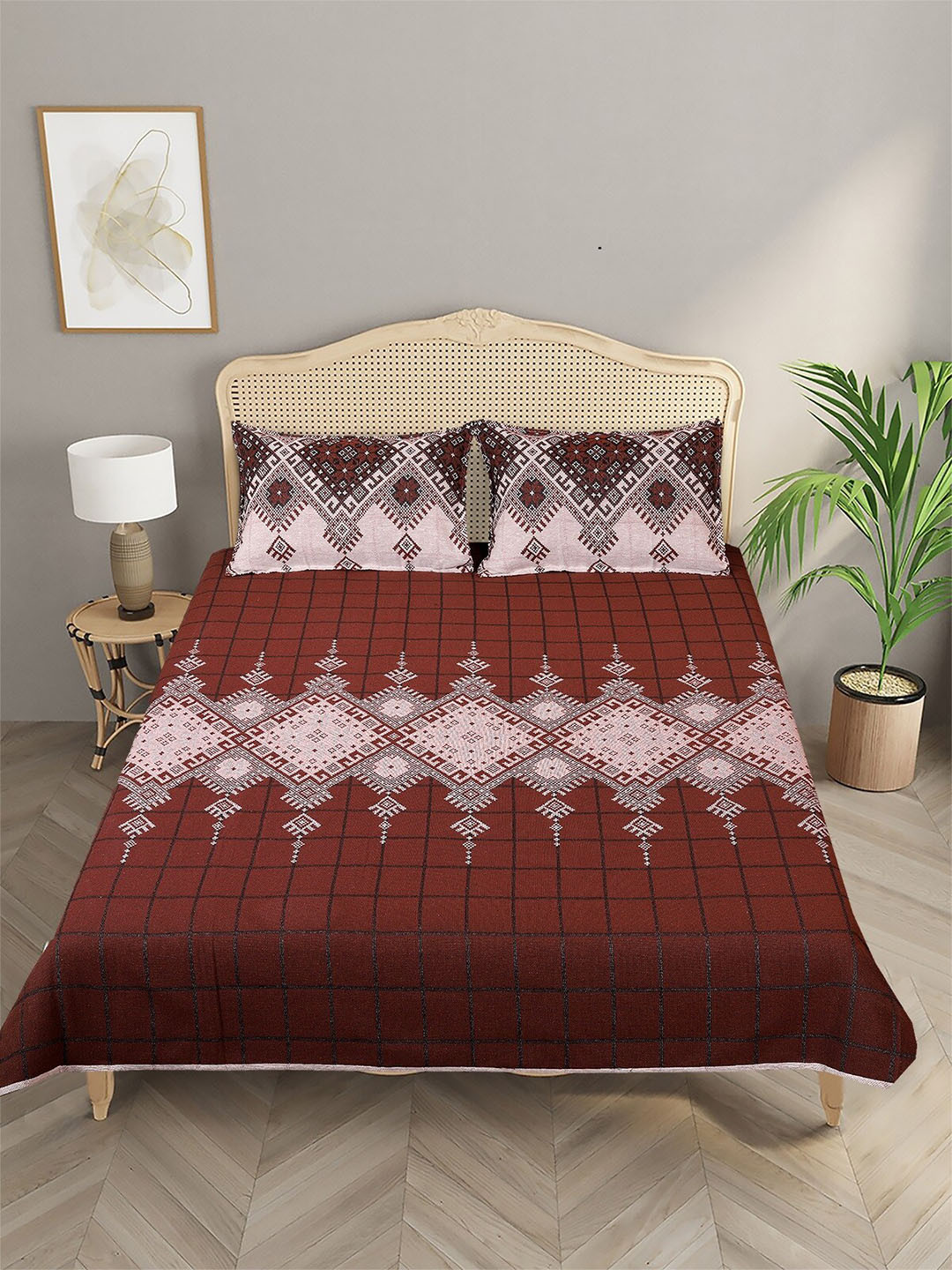 ROMEE Beige & Brown Ethnic Motifs Woven Reversible Double Bed Cover With 2 Pillow Covers
