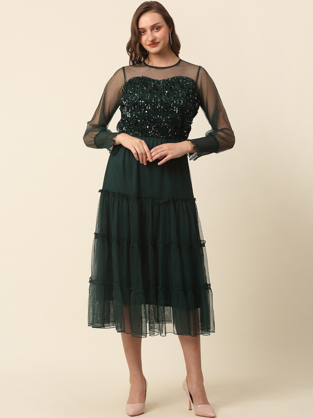plusS Green Tiered Sequinned Fit & Flare Midi Dress