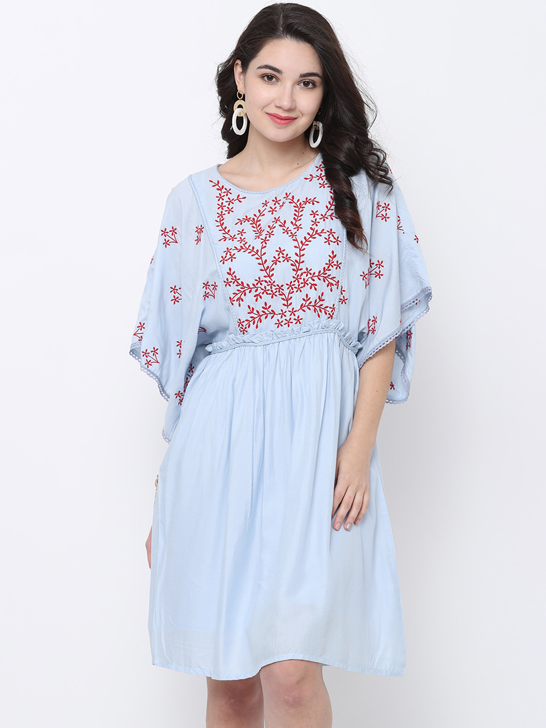 Tokyo Talkies Women Blue & Red Embroidered Fit and Flare Dress