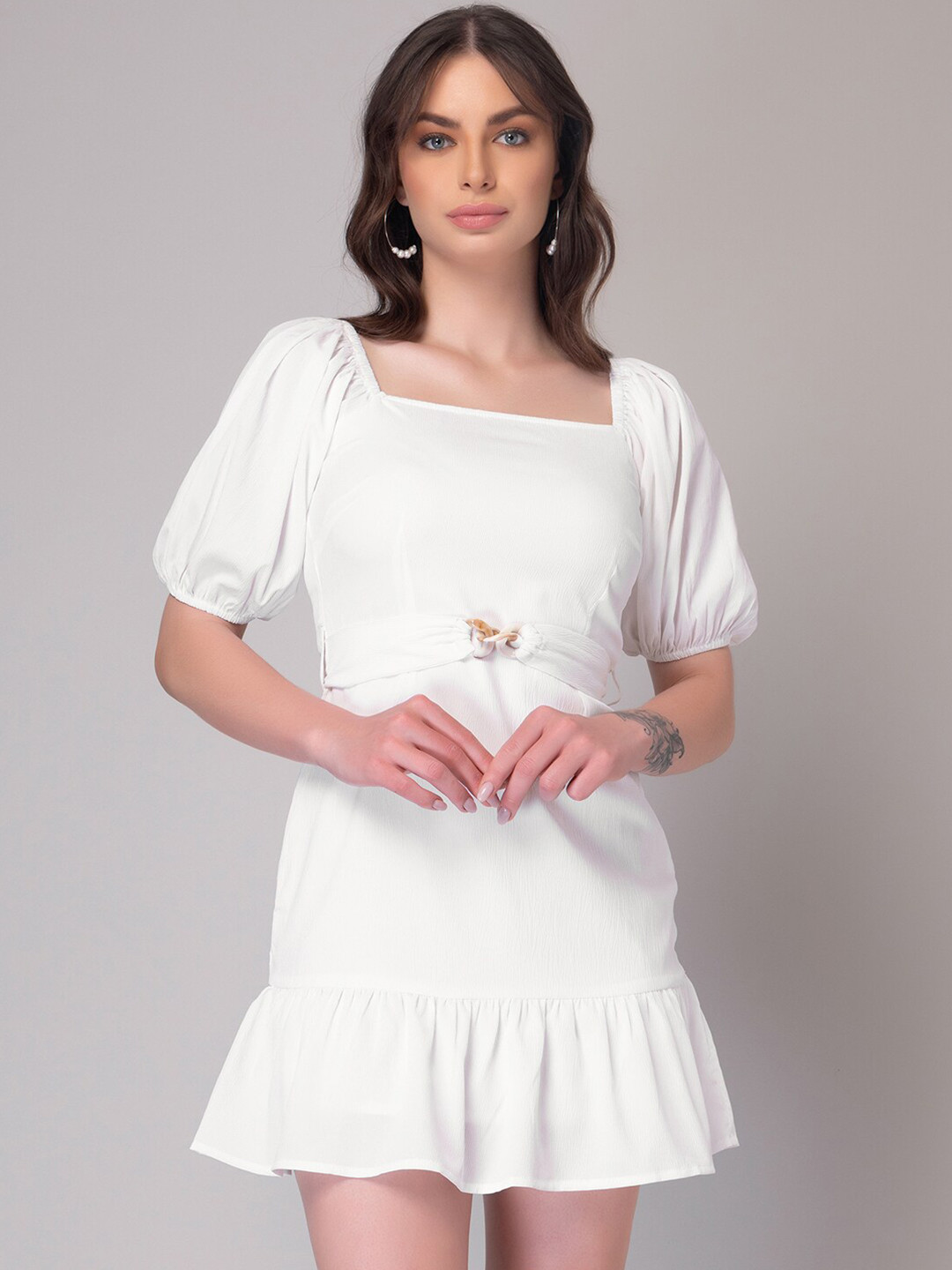 FabAlley White Puff Sleeve Sheath Dress