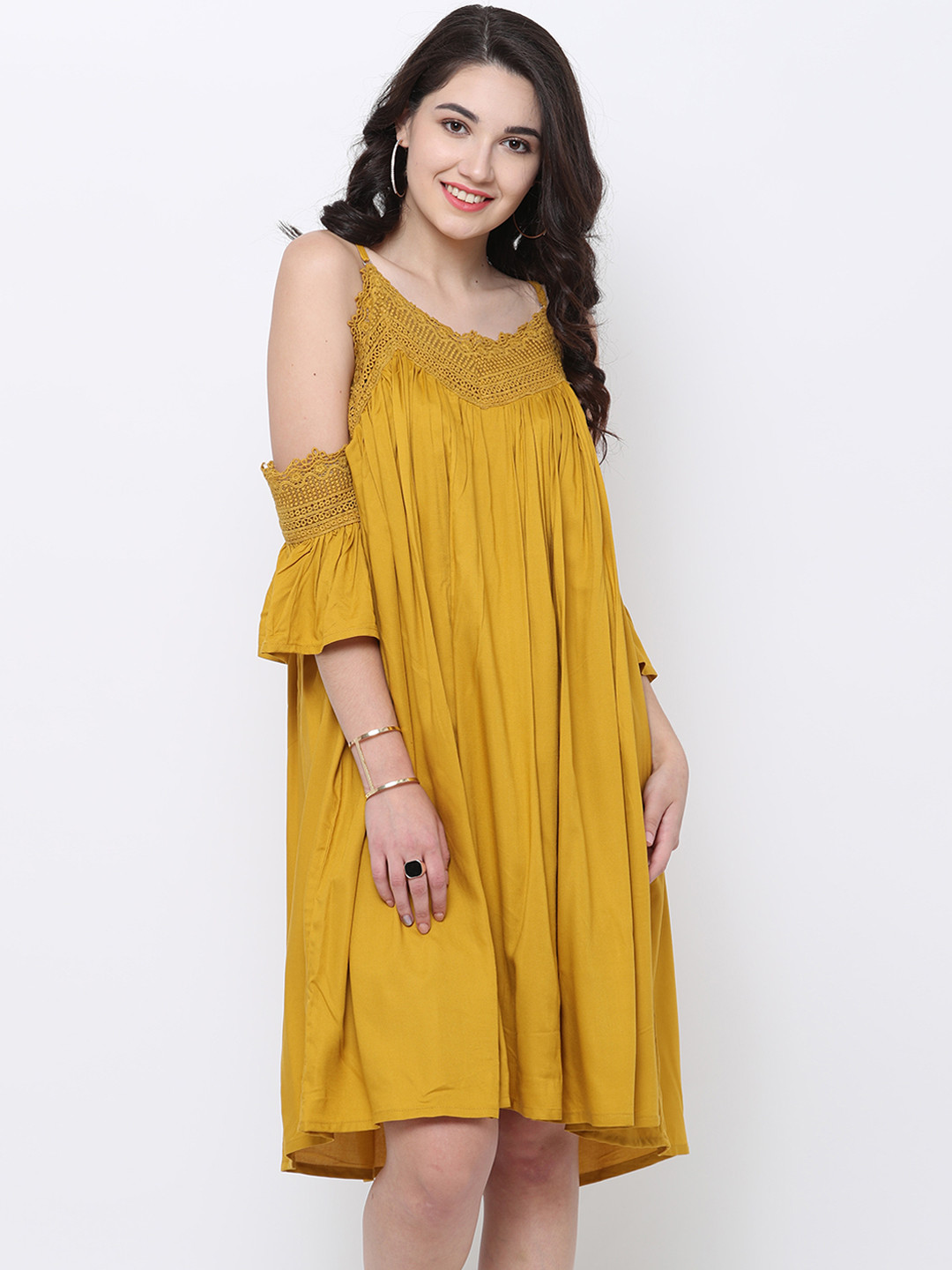 Tokyo Talkies Women Mustard Yellow Gathered Crochet Detail A-Line Dress