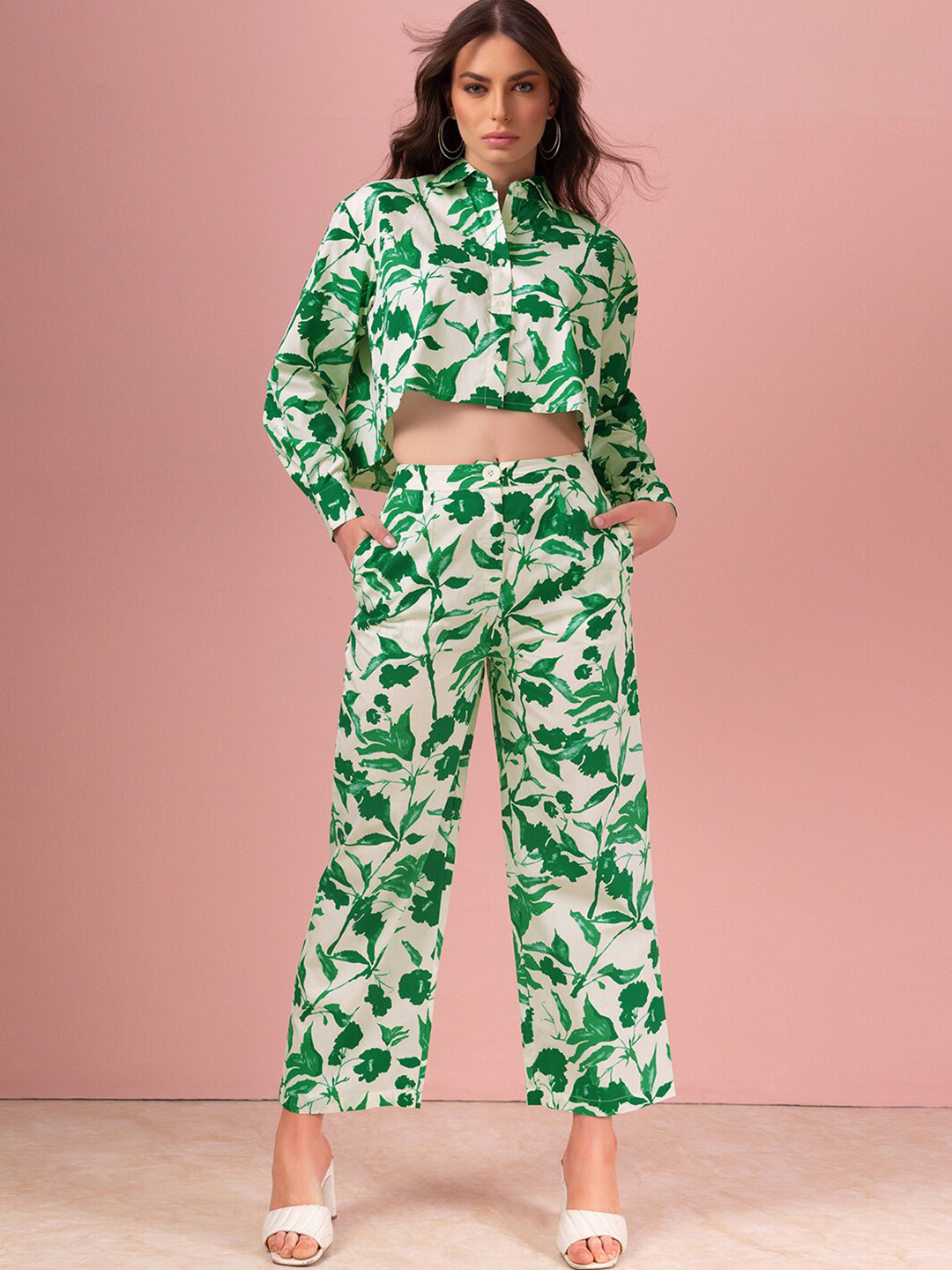 FabAlley Green Tropical Printed Pure Cotton Shirt with Trousers