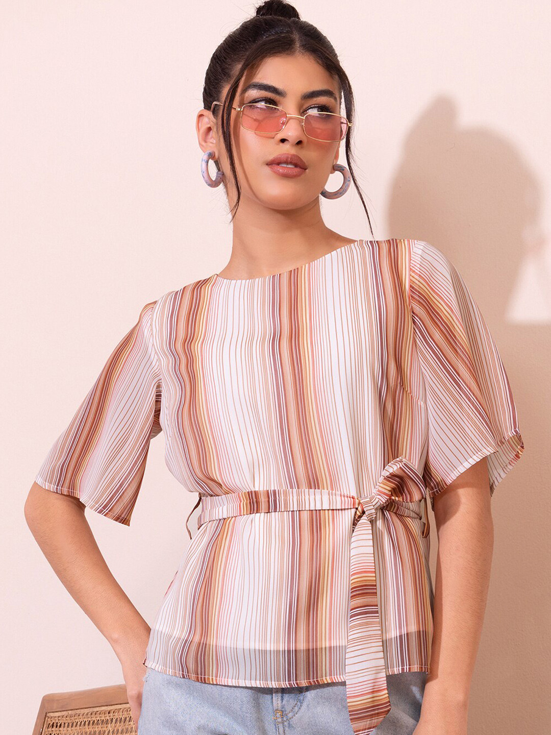 FabAlley Brown & White Striped Bell Sleeves Georgette Top