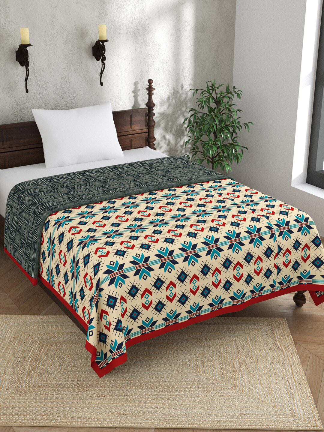 EverHOME Arch Beige & Grey Geometric AC Room 120 GSM Cotton Single Bed Dohar