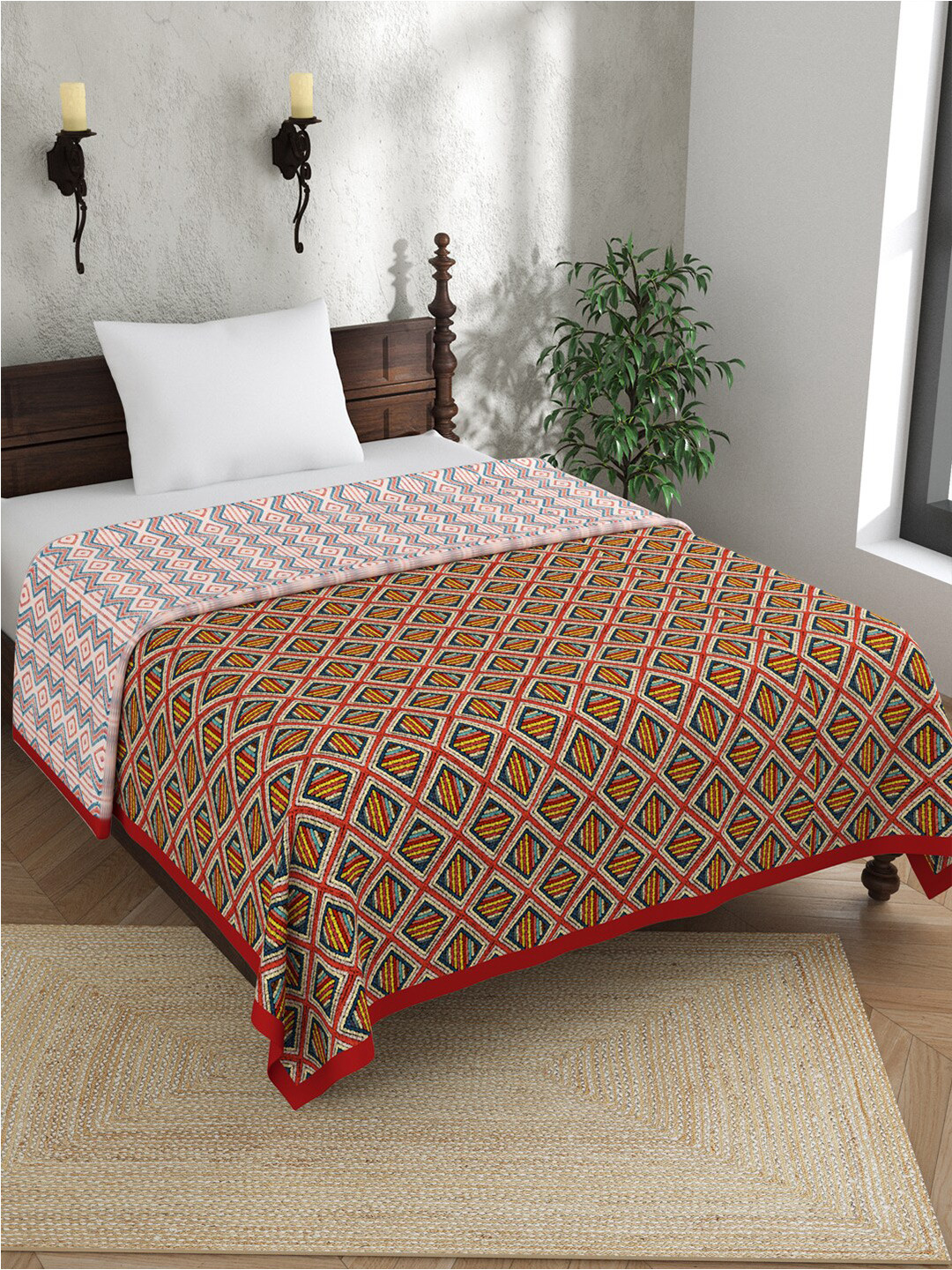 EverHOME Arch Red & Pink Geometric AC Room 120 GSM Cotton Single Bed Dohar