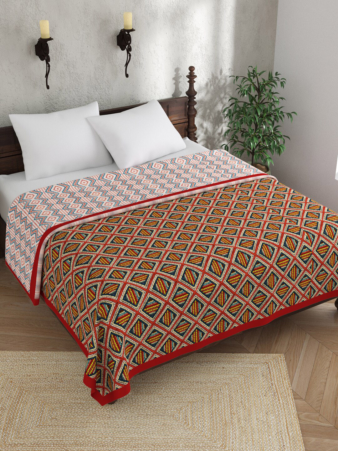 EverHOME Arch Red & Pink Geometric AC Room 120 GSM Cotton Double Bed Dohar