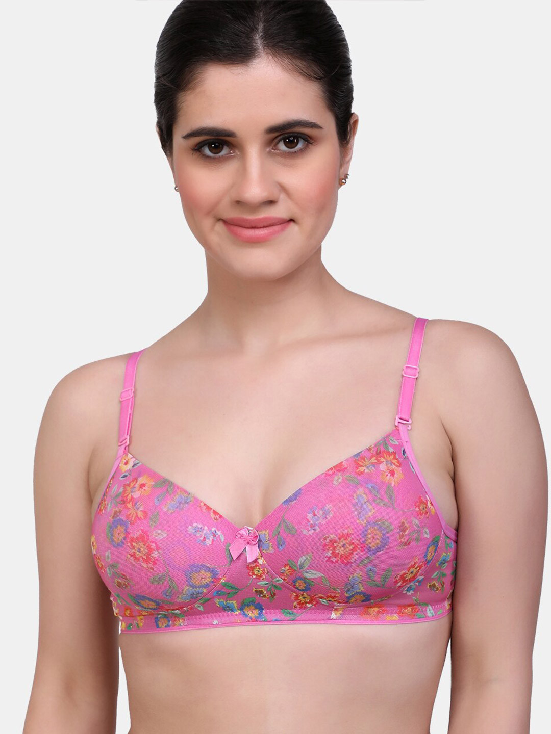 MAROON Floral Printed Half Coverage Heavily Padded All Day Comfort Seamless T-shirt Bra