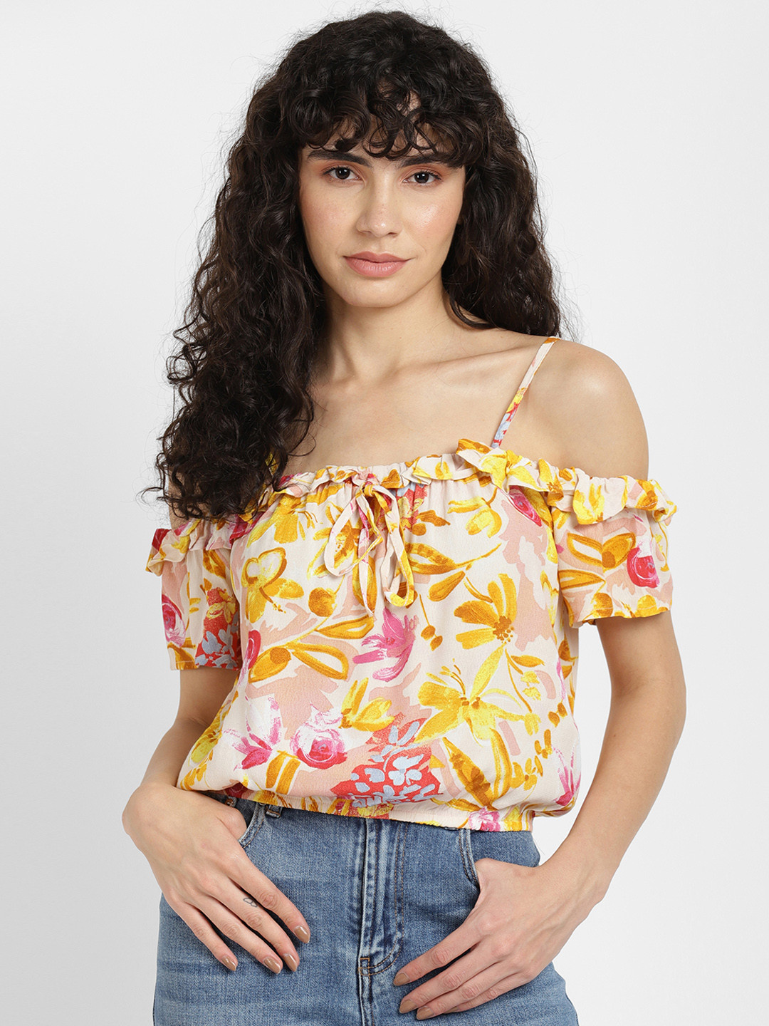 ALCOTT Floral Print Frilled Trim Bardot Top