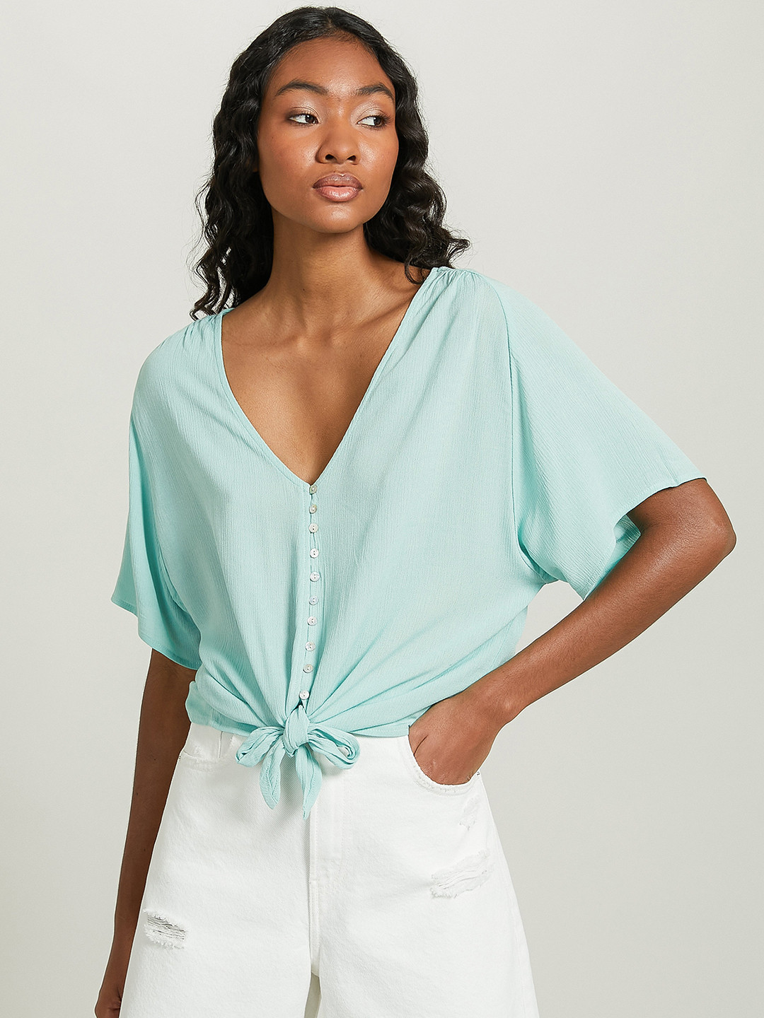 ALCOTT Solid Flared Sleeve Top with Waist Tie-Up