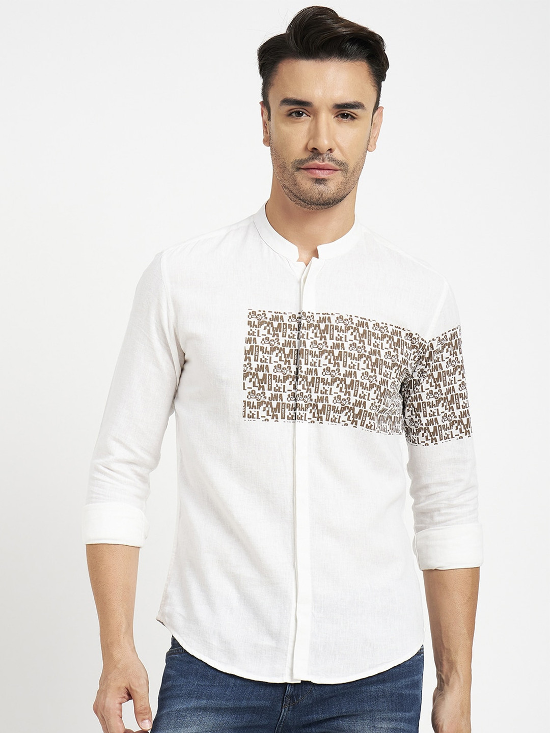 CAMLA Typography Printed Collarless Cotton Casual Shirt
