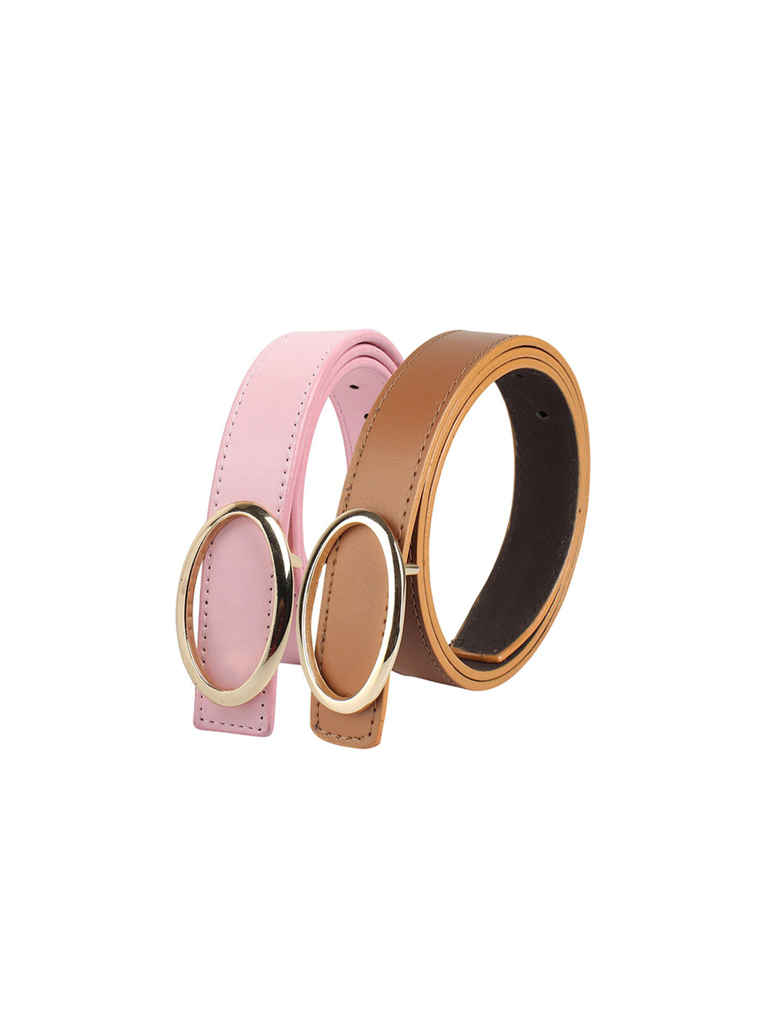 DressBerry Women Pack of 2 Formal Tan & Pink Solid Push Pin Closure Belt