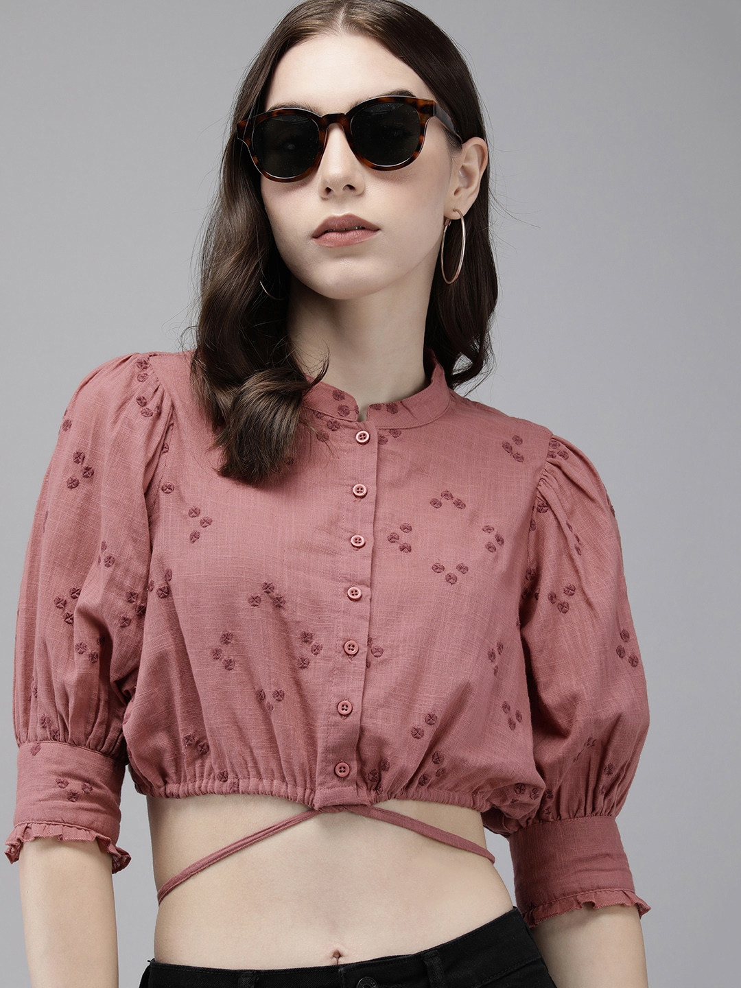The Roadster Life Co. Embroidered Puff Sleeve Pure Cotton Shirt Style Crop Top - Tops for Women 23476346 | Myntra