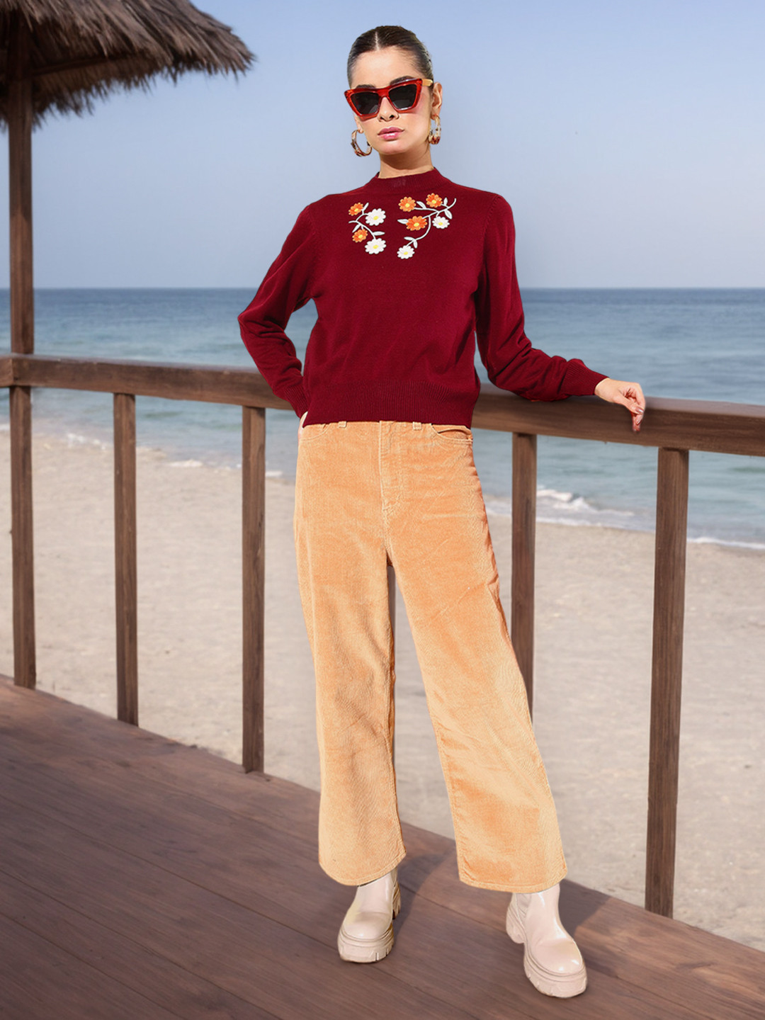 Mast & Harbour Embroidered August-Optimistic Autumn-Positive Slogans Pullover Sweaters