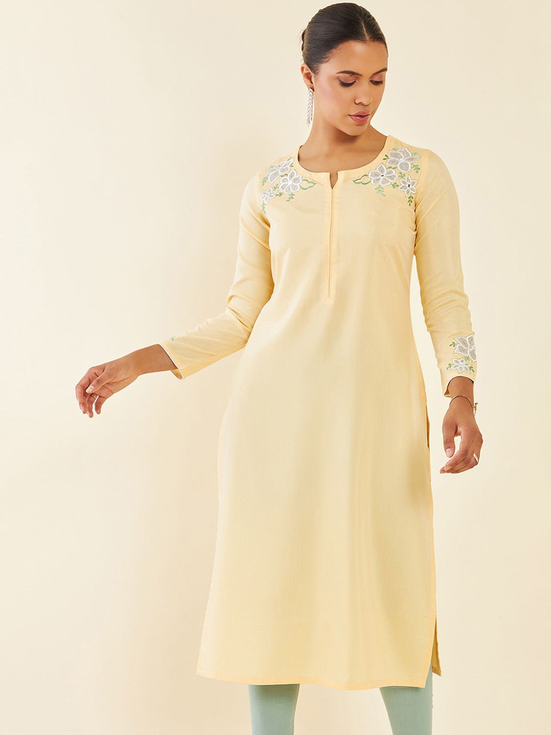Soch Light Yellow Floral Embroidered Notched Neck Kurta