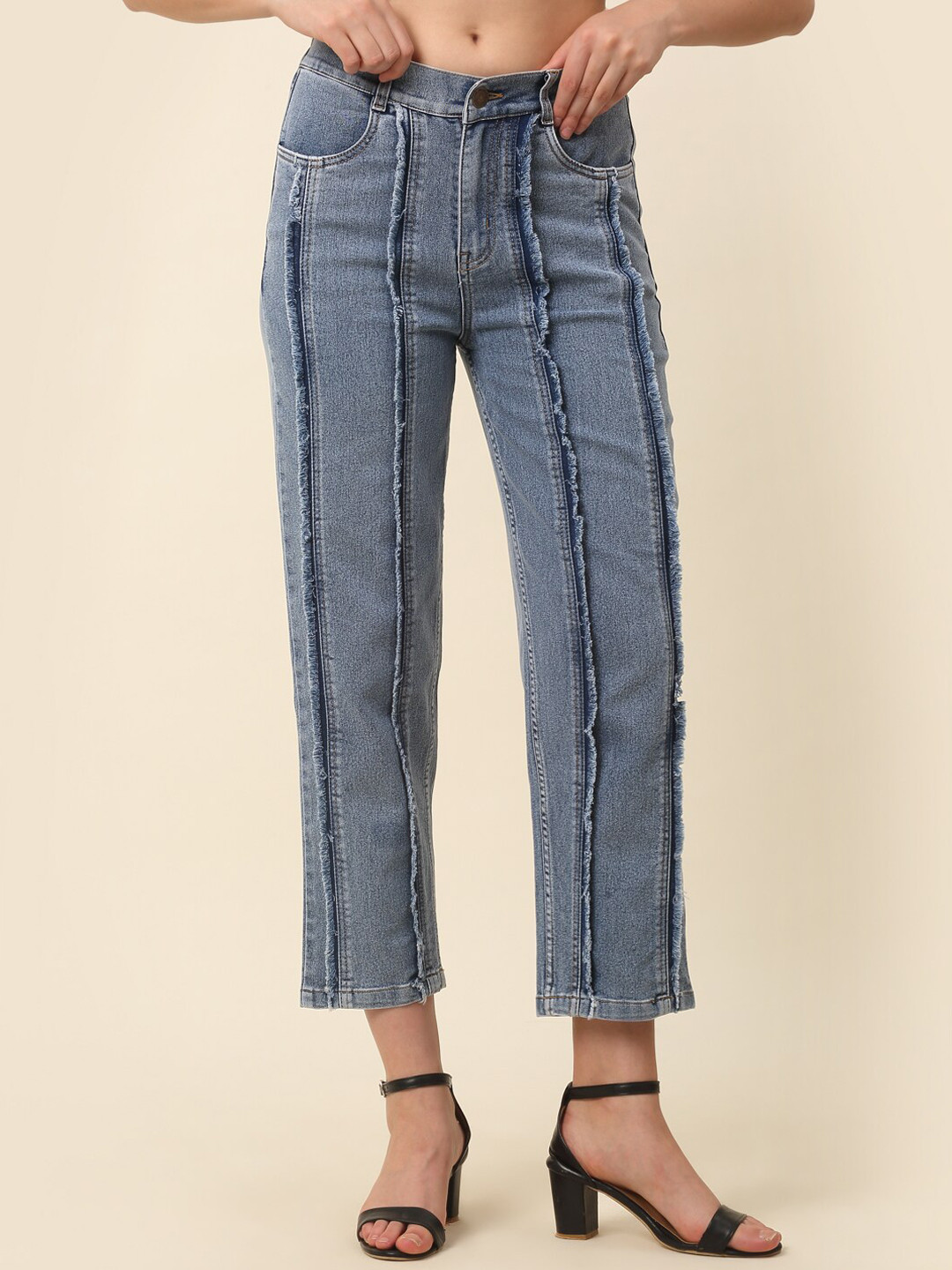 plusS Women Blue Low Distress Regular fit Mid-Rise Stretchable Cotton Cropped Jeans