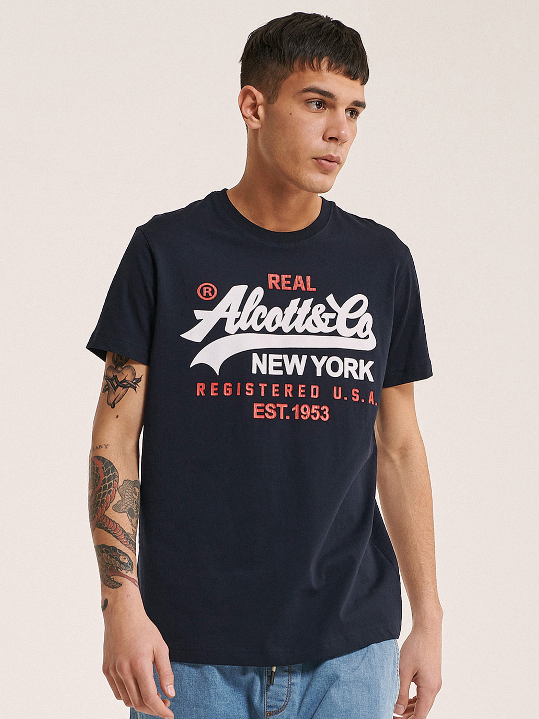 ALCOTT Men Brand Logo Printed Pure Cotton T-shirt