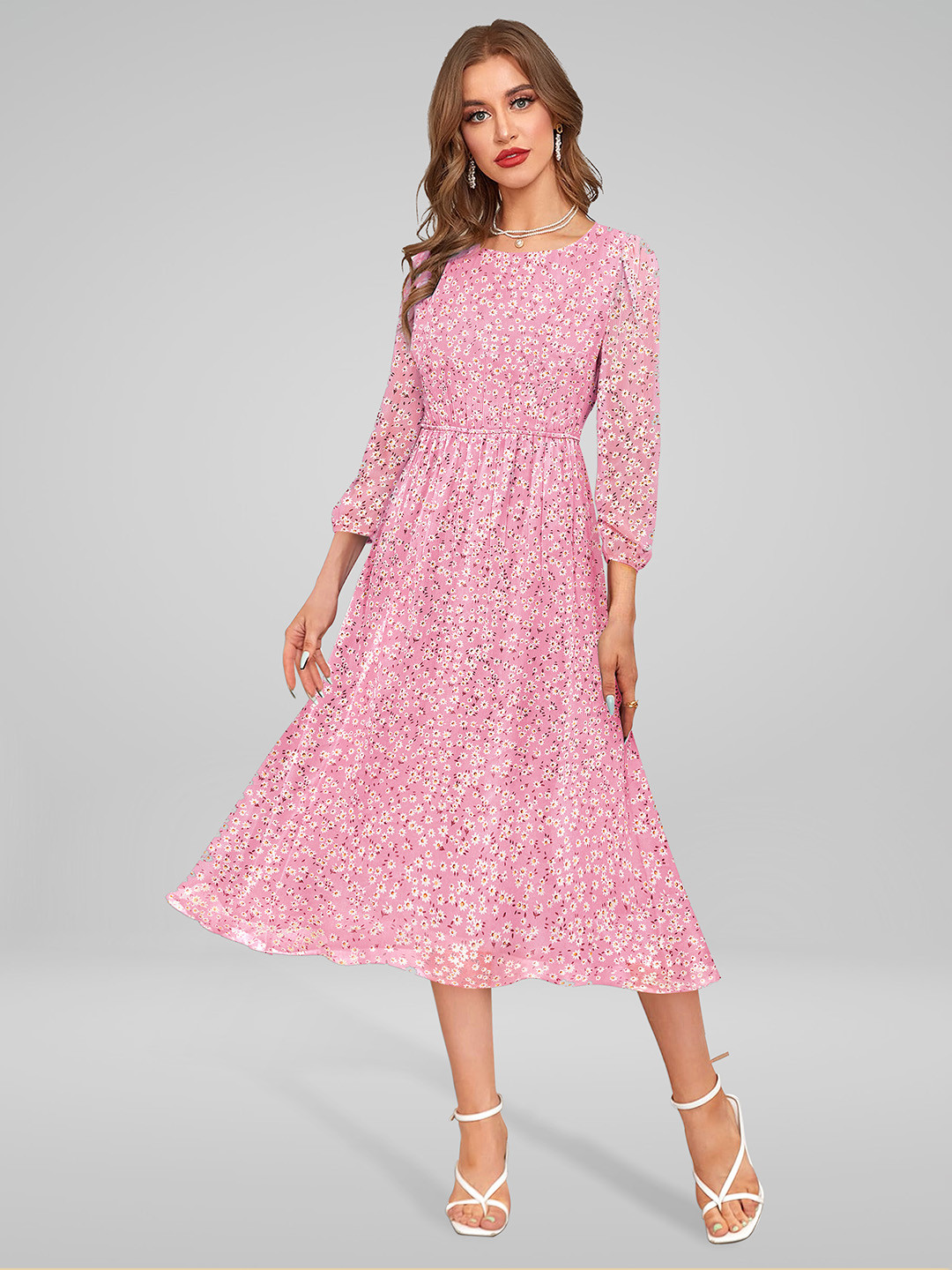 KERI PERRY Pink Floral Printed puff Sleeves Georgette Fit & Flare Midi Dress