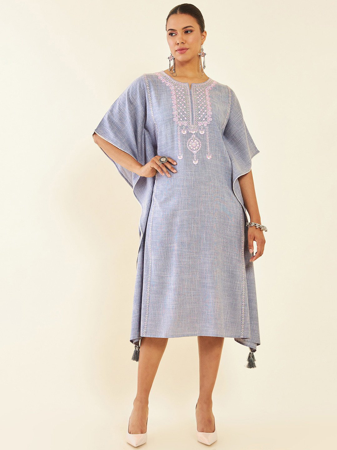 Soch Grey Ethnic Motifs Embroidered Extended Sleeves Kaftan Midi Ethnic Dress