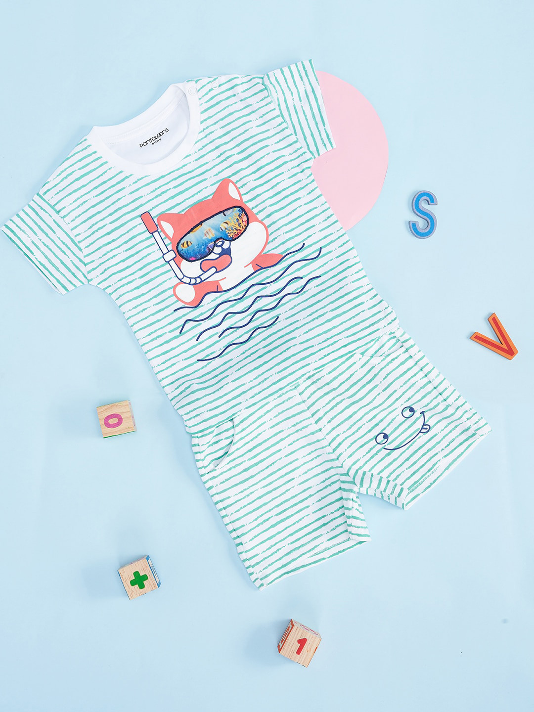 Pantaloons Baby Infants Boys Green Striped Night suit