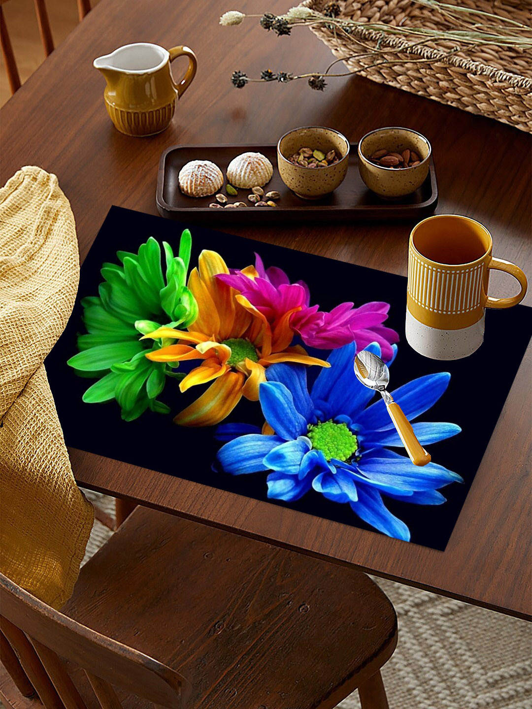WEAVERS VILLA Blue & Green 6 Pieces Floral Printed Table Placemats