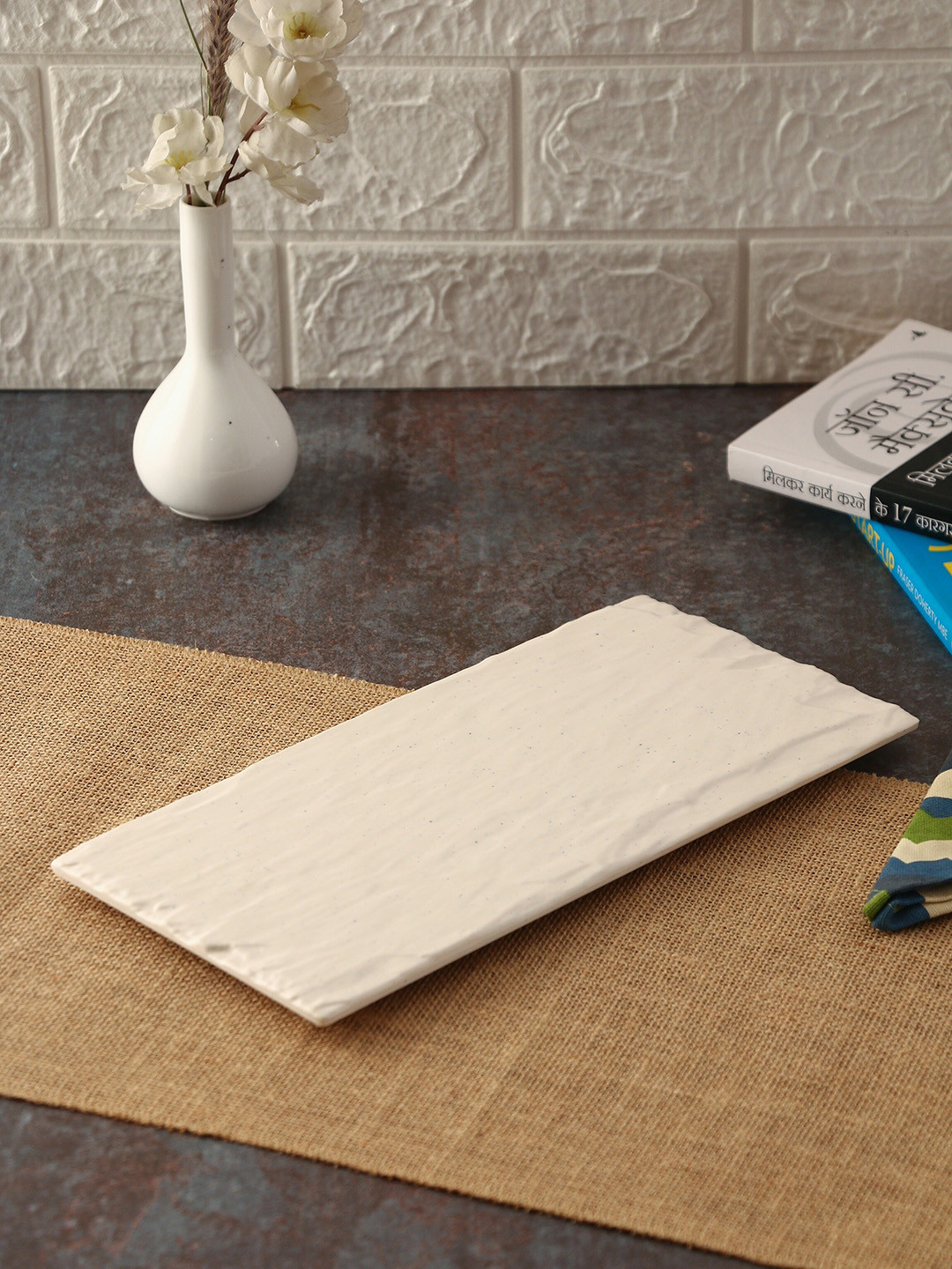 LIVING ROOTS Off-White Textured Rectangular Melamine Serving Platter