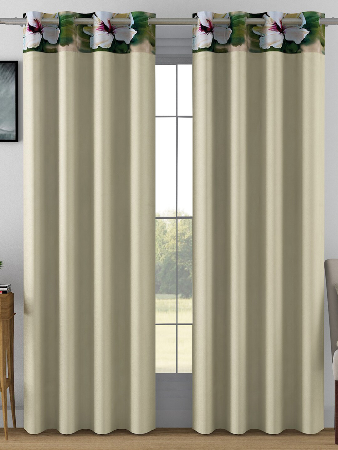 SWAYAM Beige & Green 2 Pieces Room Darkening Door Curtains