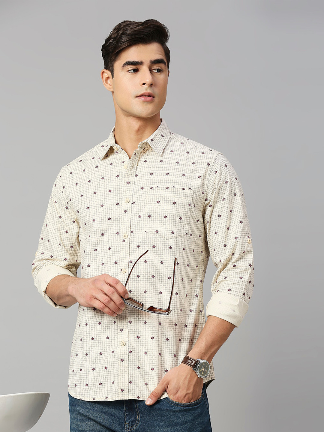 HERE&NOW Cream-Coloured Classic Slim Fit Micro Ditsy Printed Pure Cotton Casual Shirt