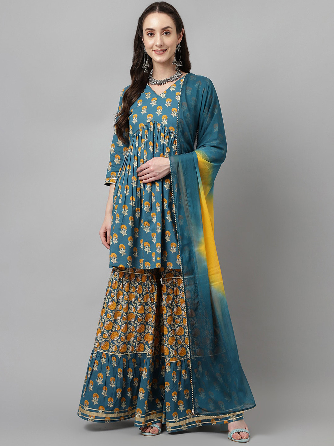 FIORRA Floral Printed Pure Cotton Kurta & Sharara With Dupatta