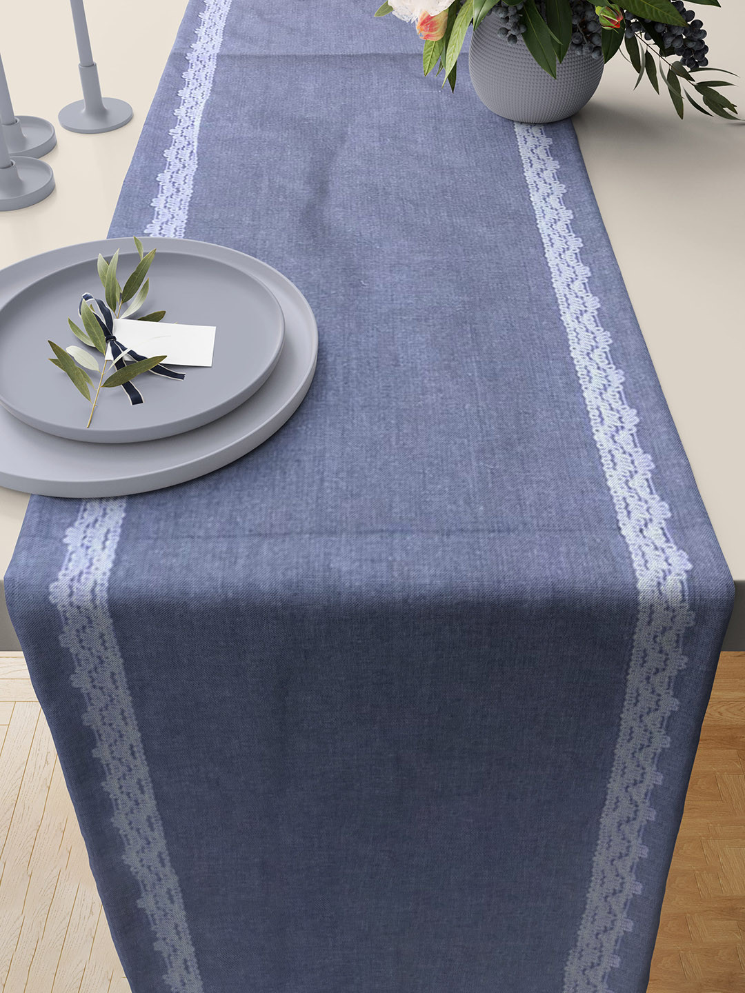 SHADES of LIFE Grey Embroidered Edge Pure Cotton Table Runner