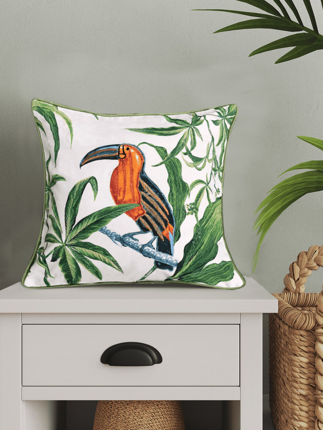 SHADES of LIFE 2 Pieces White & Green  Embroidered Cotton Cushions