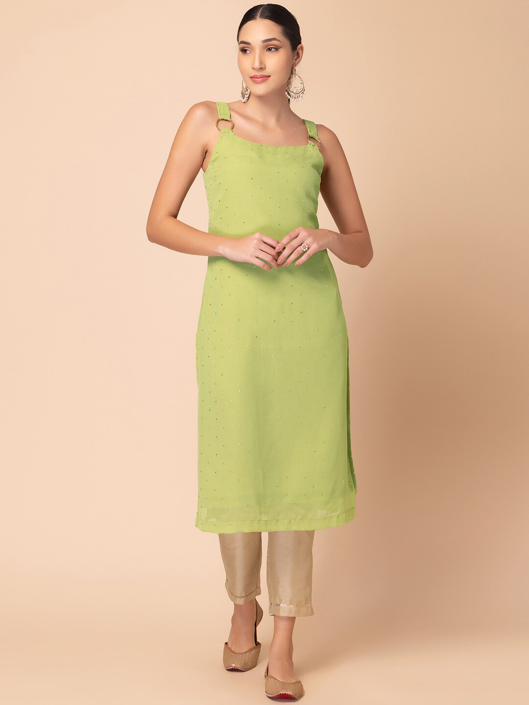 INDYA Shoulder Straps Geometric Printed Straight Kurta