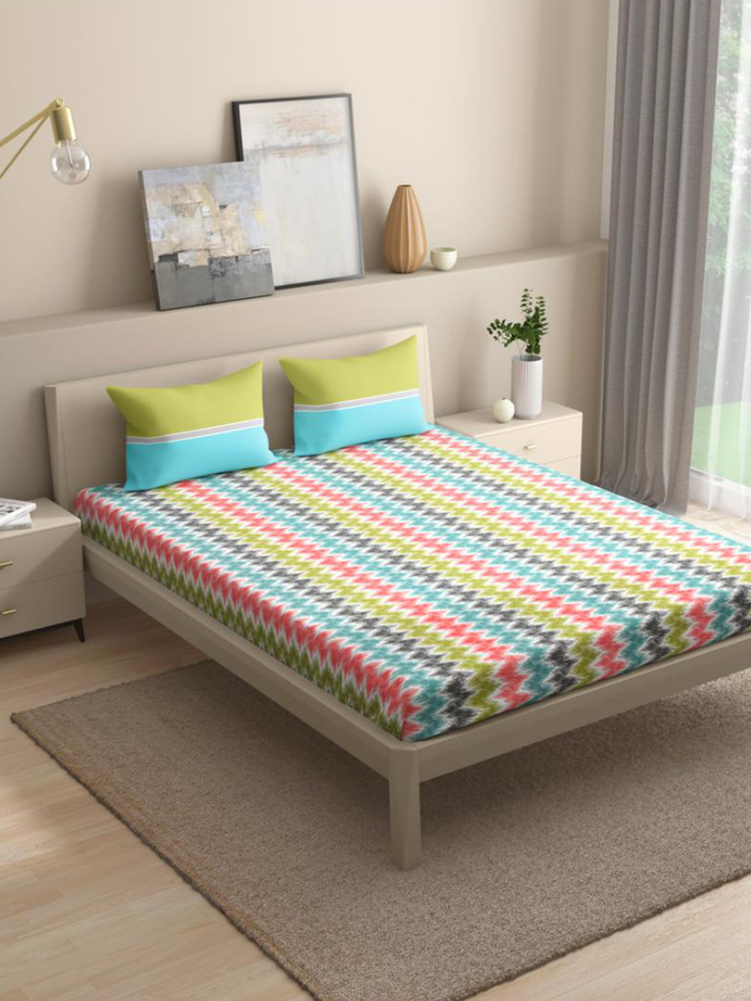 wakefit Parisa Green Chevron Cotton 144 TC Fitted King Bedsheet with 2 Pillow Covers-78 x 72 inches