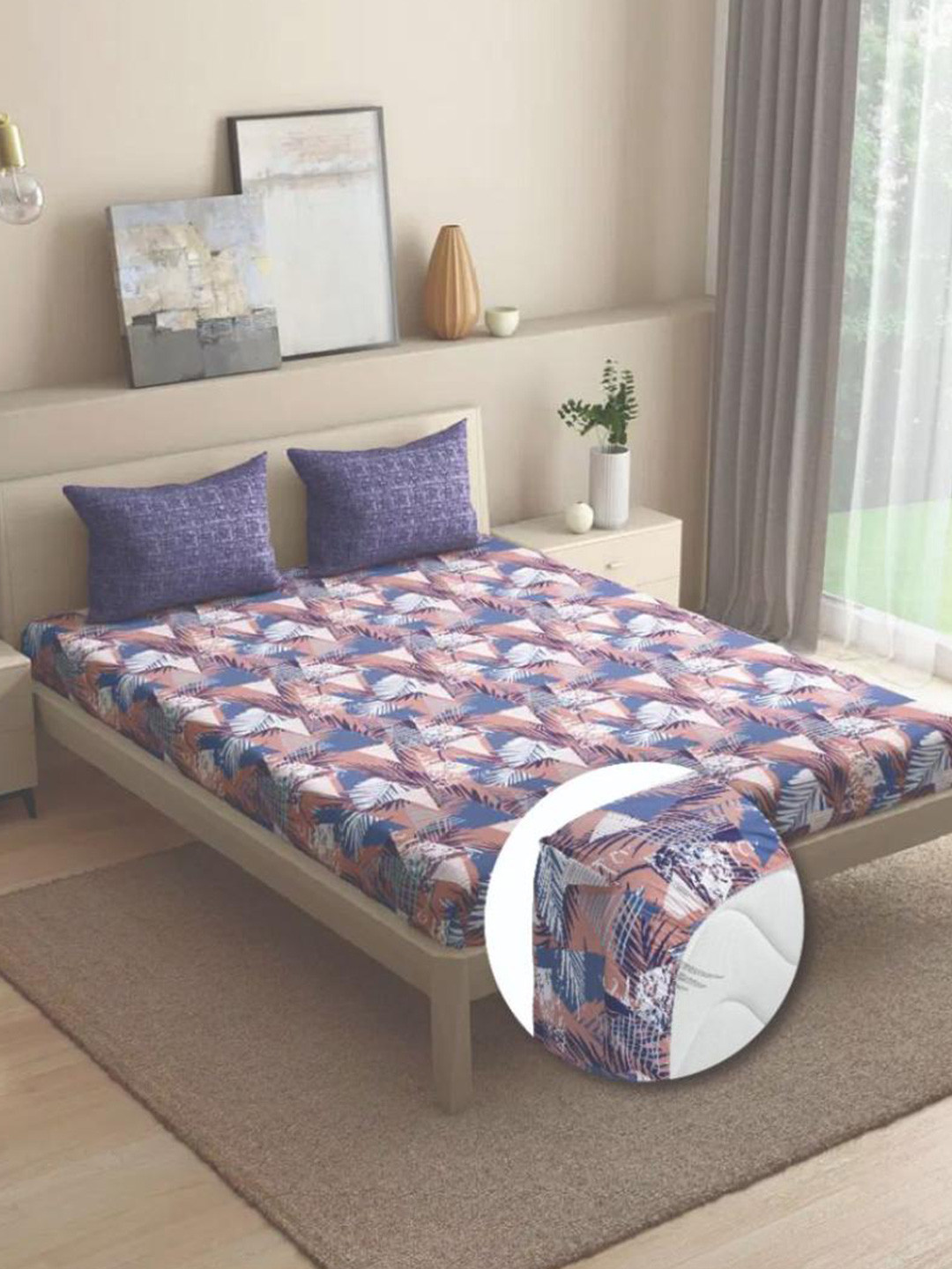 wakefit Mambo Blue Abstract Cotton 144 TC Fitted King Bedsheet with 2 Pillow Covers-198 x 182 cm