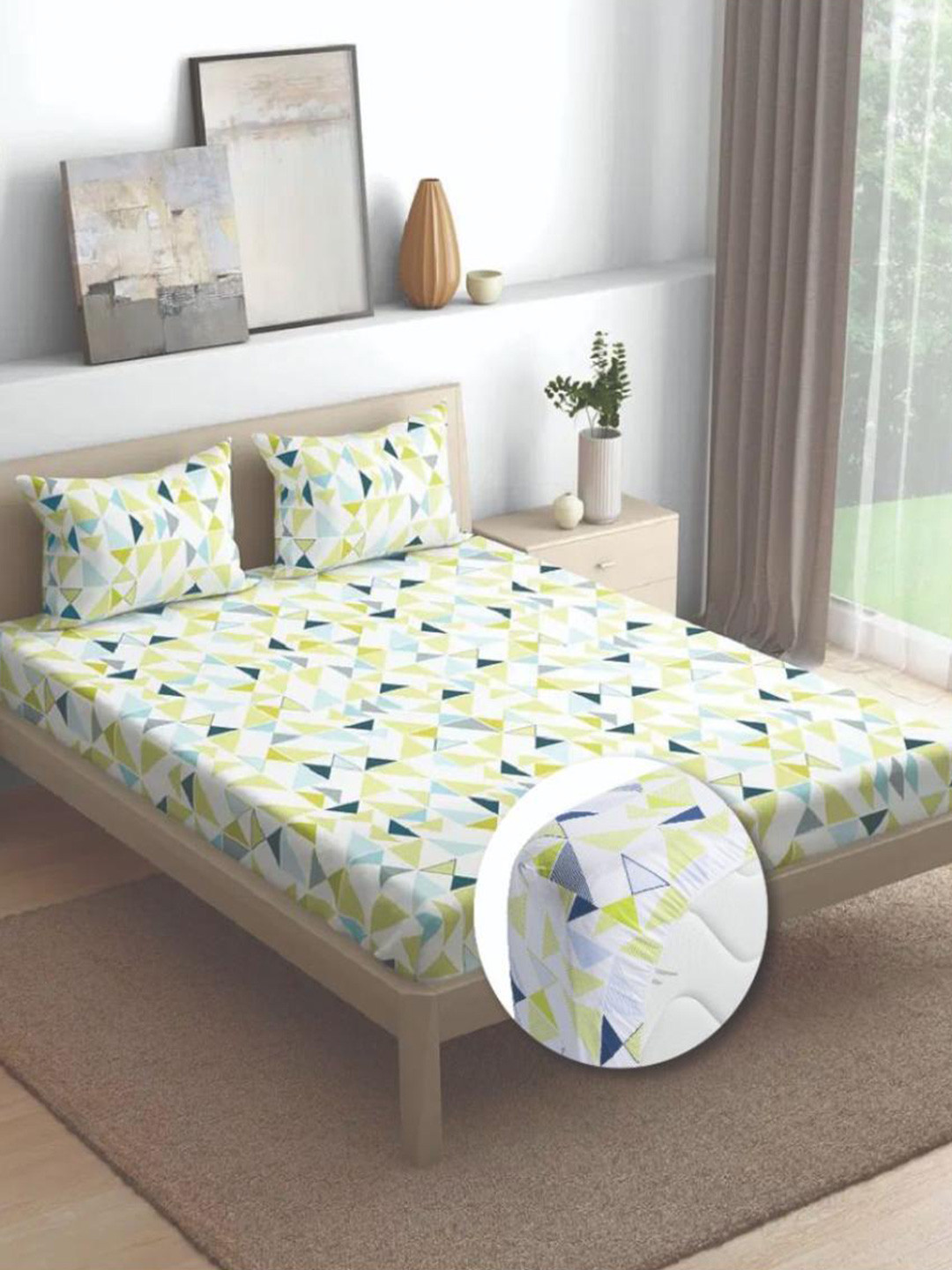 wakefit Maze Green Geometric Cotton 144 TC Fitted Queen Bedsheet with 2 Pillow Covers-31 x 24 inches