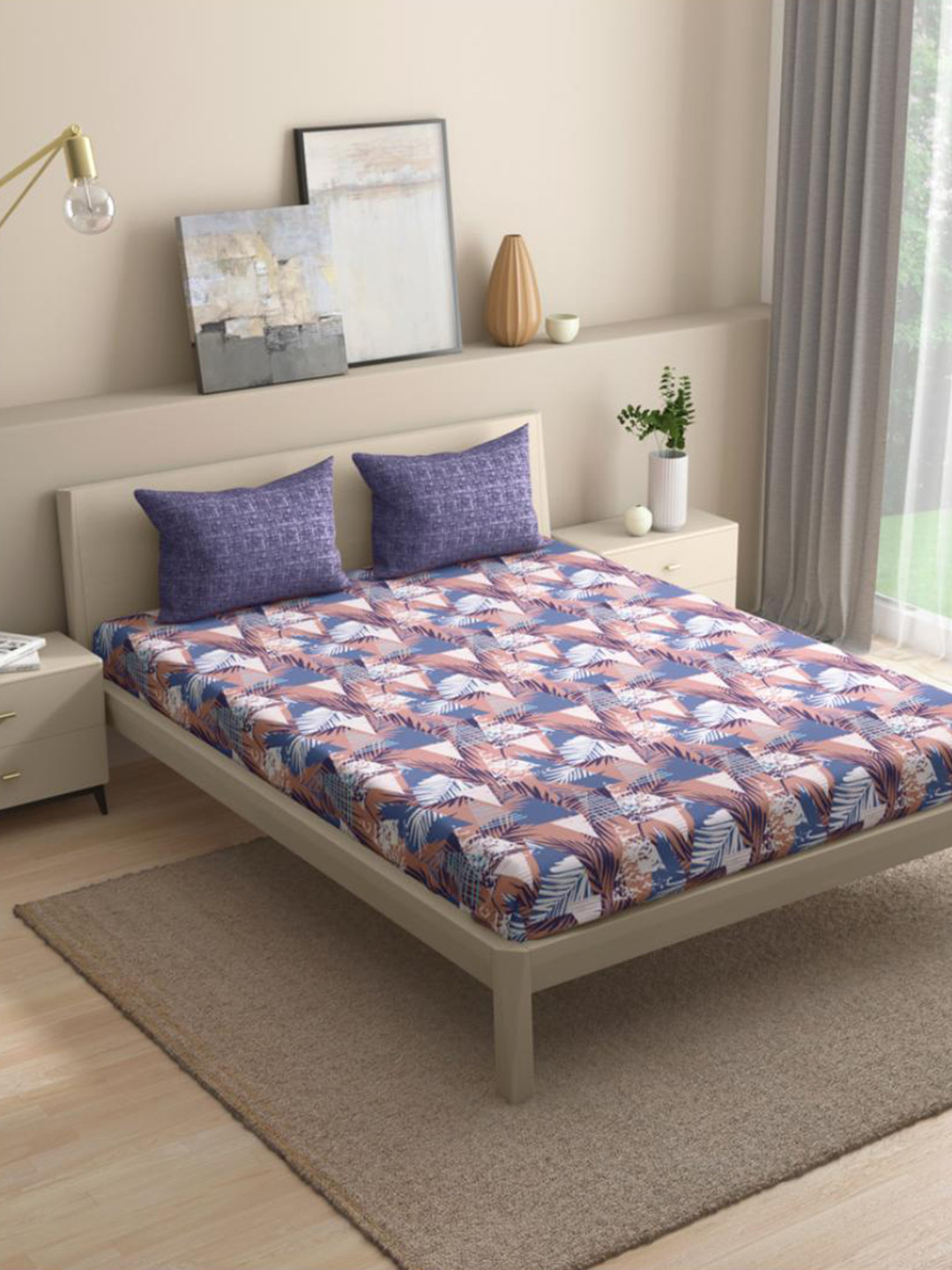 wakefit Rr Creations Blue Abstract Cotton 144 TC Fitted Queen Bedsheet with 2 Pillow Covers-198 x 150 cm