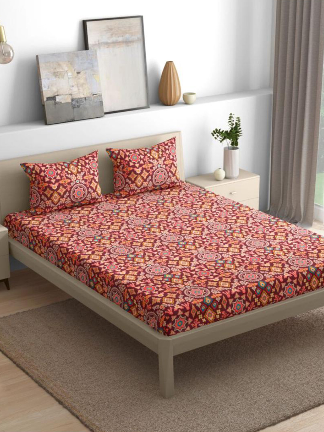 wakefit Aloha Hibiscus Red Printed 144 TC Fitted Cotton King Bedsheet & 2 Pillow Covers