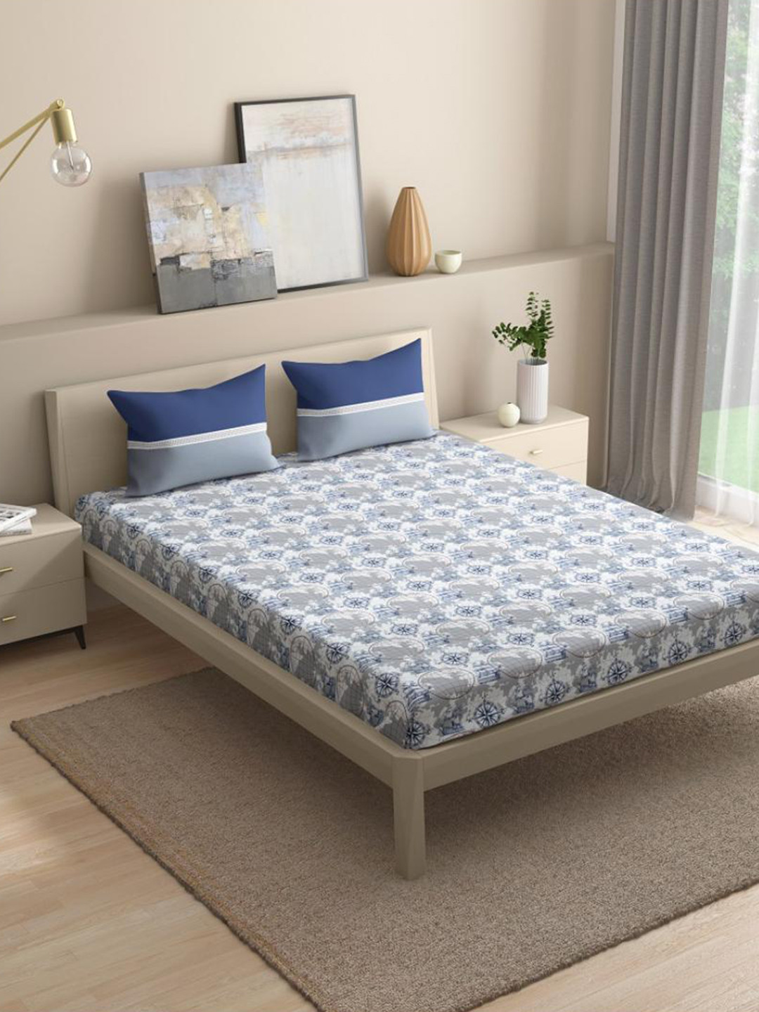 wakefit Nautical Grey Geometric Cotton 144 TC Fitted King Bedsheet with 2 Pillow Covers-78 x 72 inches