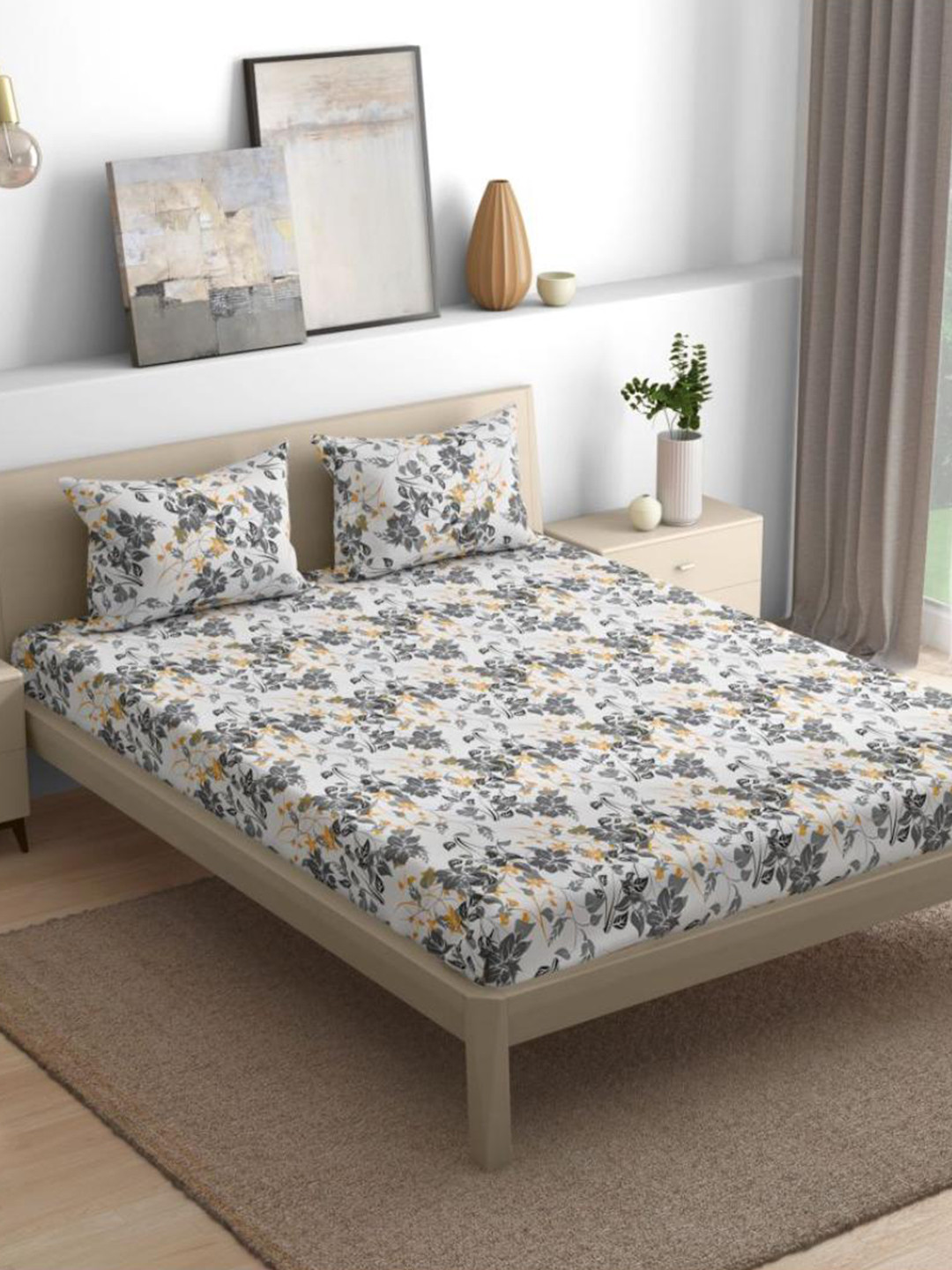 wakefit Autumn Grey Floral Cotton 144 TC Fitted King Bedsheet with 2 Pillow Covers-31 x 28 inches