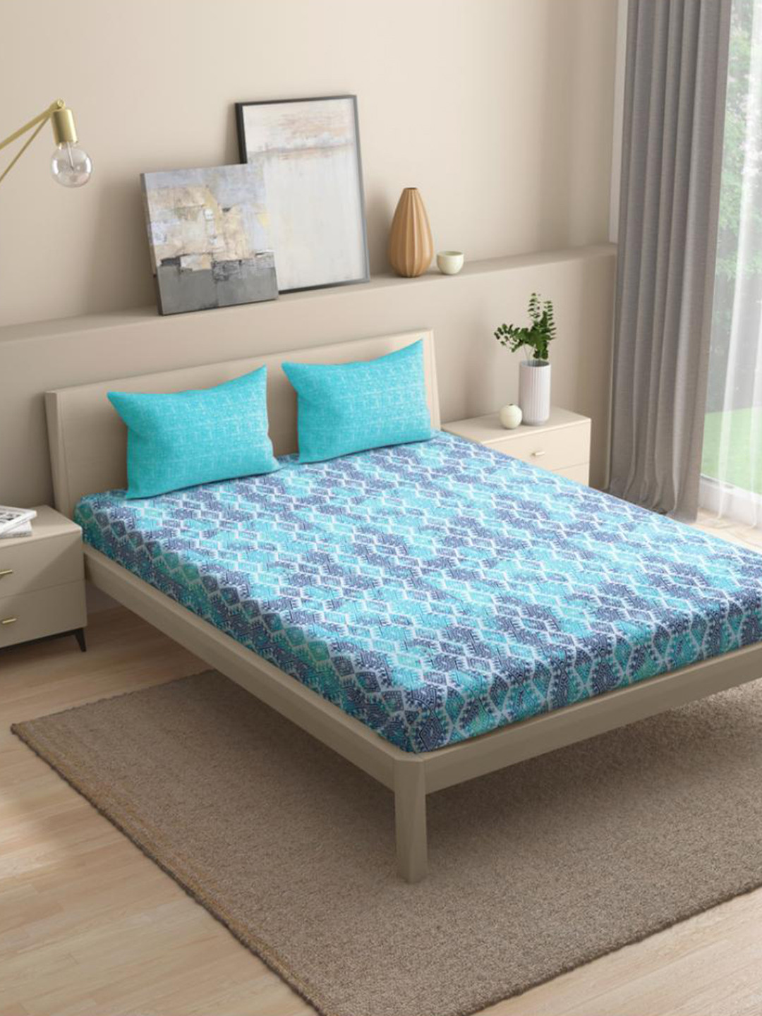 wakefit Seher Blue Ethnic Motifs Cotton 144 TC Fitted King Bedsheet with 2 Pillow Covers-78 x 72 inches