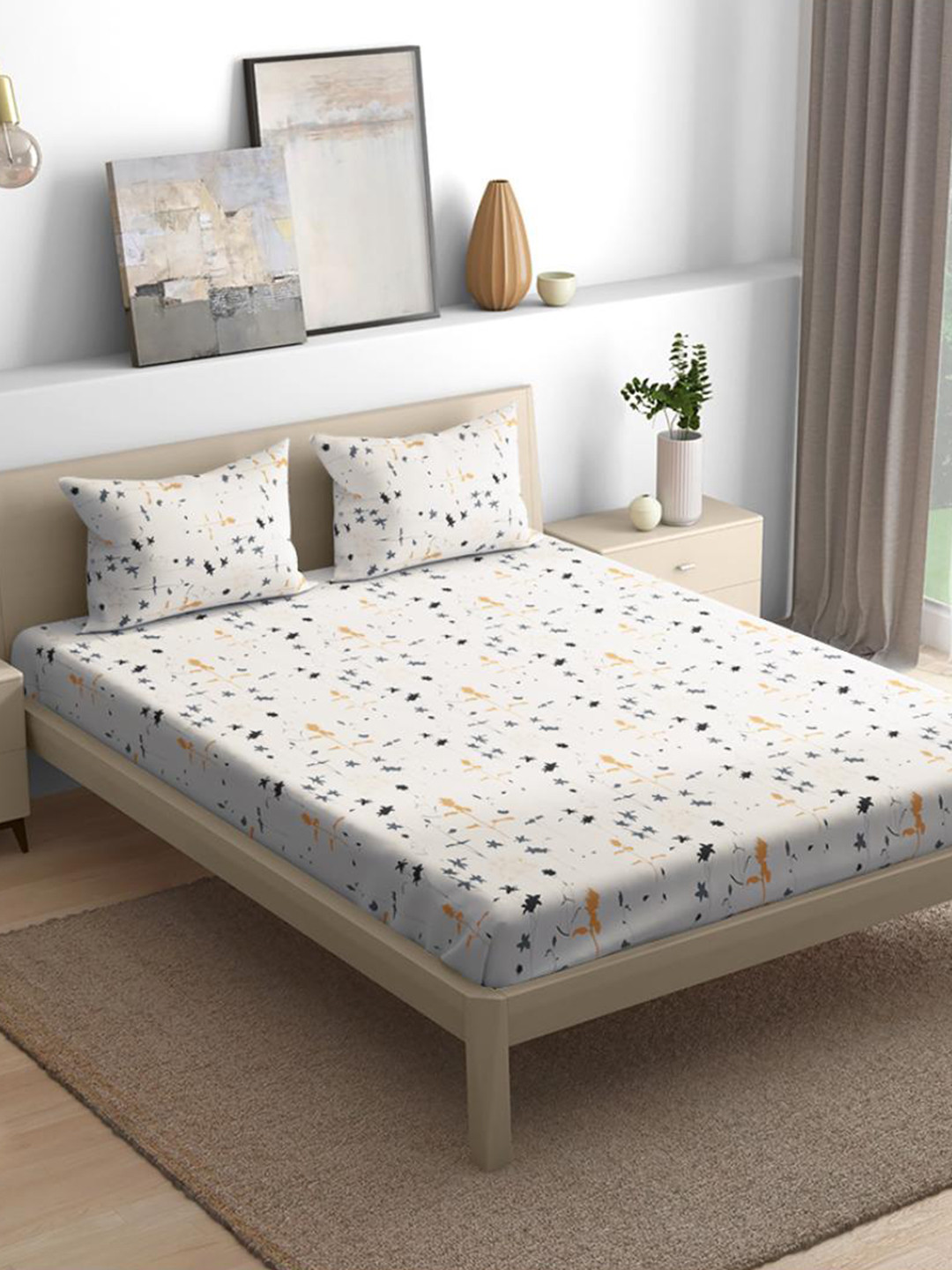 wakefit Serene Flora White Floral Cotton 144 TC Fitted King Bedsheet with 2 Pillow Covers-78 x 72 inches