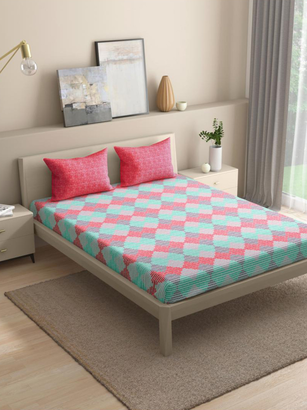 wakefit Emerge White Printed 144 TC Fitted Cotton King Bedsheet & 2 Pillow Covers