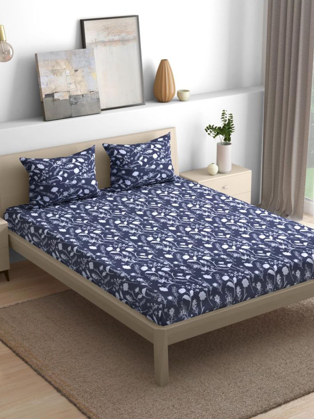 wakefit Evelyn Navy Blue Floral Cotton 144 TC Fitted Queen Bedsheet with 2 Pillow Covers-78 x 60 inches