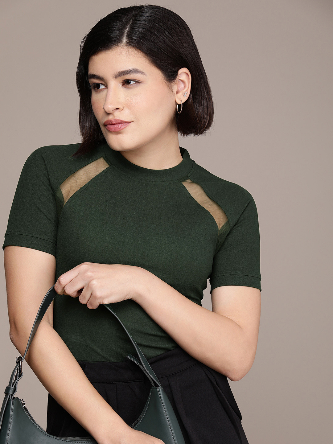 French Connection Solid Round-Neck Top With Net Detail
