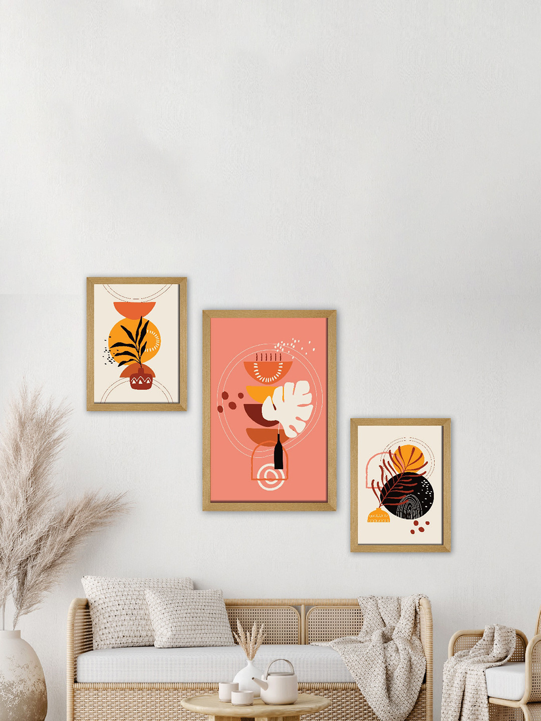 SAF Peach colored & Cream Colored 3 Pieces Modern Art Premium Painting Framed Wall Art