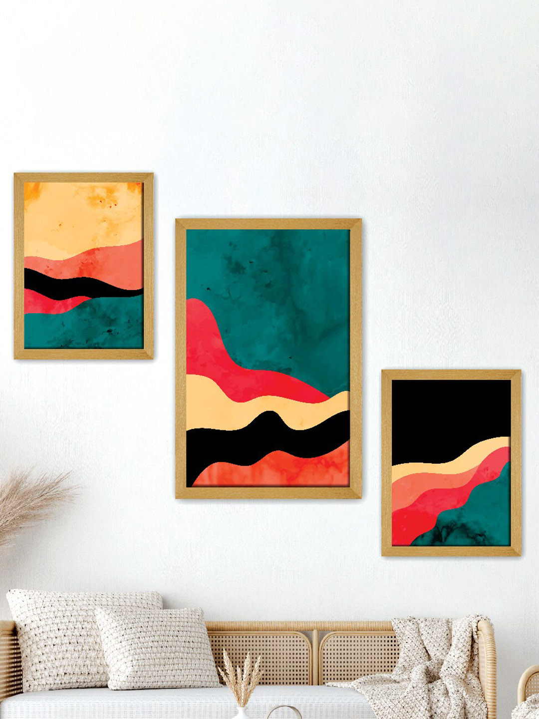 SAF Teal Blue & Black 3 Pieces Abstract Painting Framed Wall Art