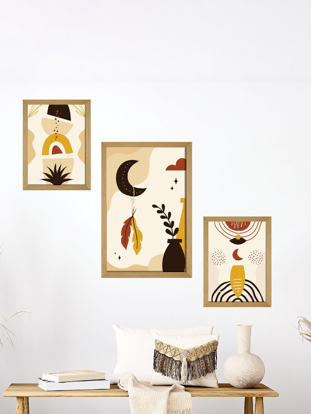 SAF Beige & Brown 3 Pieces Modern Art Premium Painting Framed Wall Art