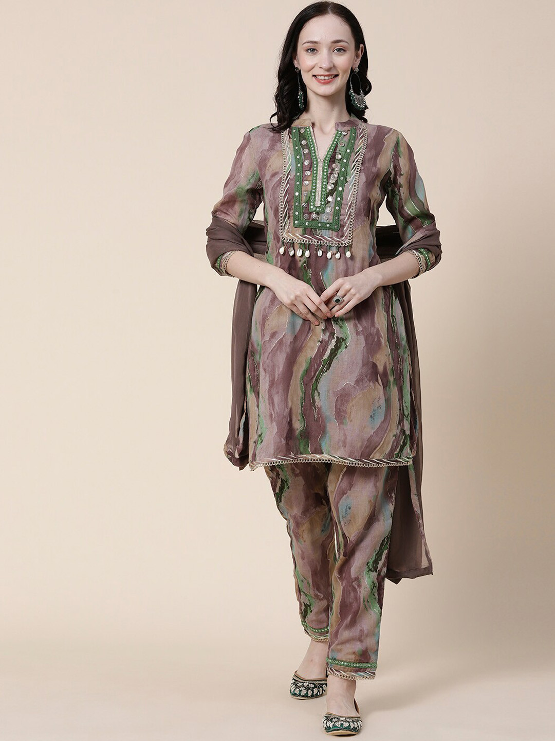 FASHOR Brown & Blue Abstract Printed Mirror Work Pure Cotton Kurti with Trousers & Dupatta